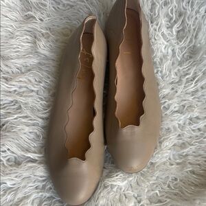 French Sole Taupe Leather Flats with Scalloped Trim